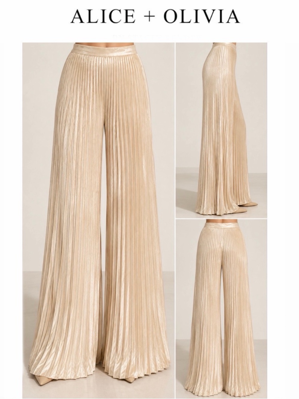 Alice + Olivia Rosalie Palazzo Shimmery Champagne Pleated Wide-Leg Pants 0 NWT